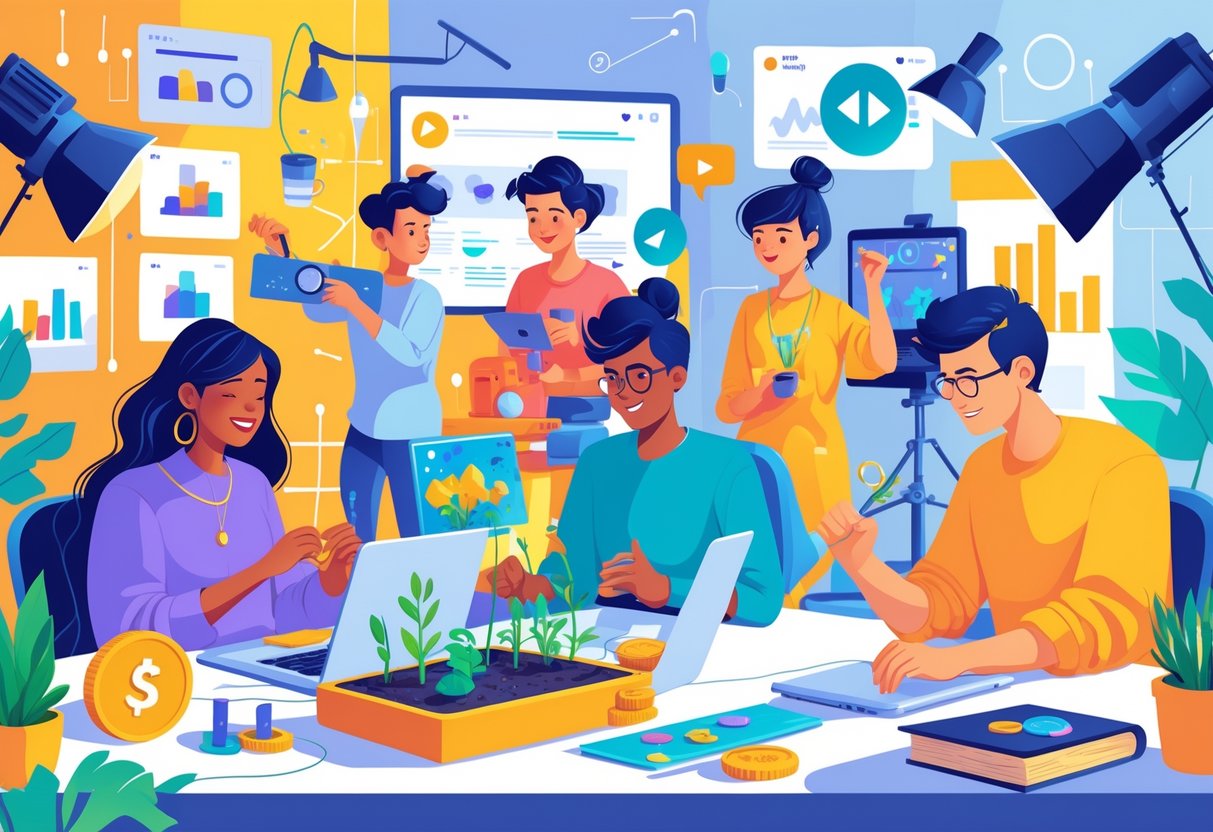 A group of people engaged in various unique hobbies like jewelry making, model building, urban gardening, science experiments, and book restoration in a creative studio with video equipment and symbols representing online content creation.