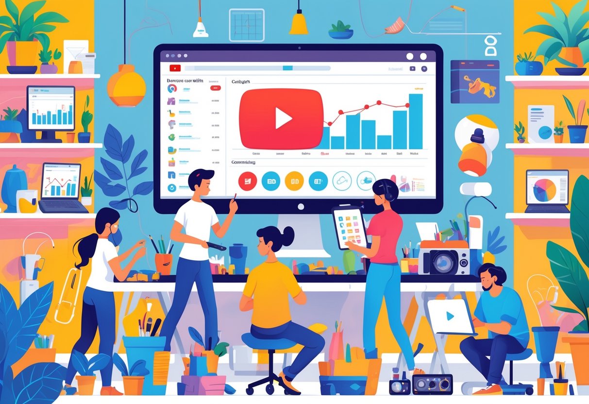 A group of people engaged in different hobbies like painting, gardening, music, cooking, and crafting around a workspace with a computer showing YouTube analytics and video equipment nearby.