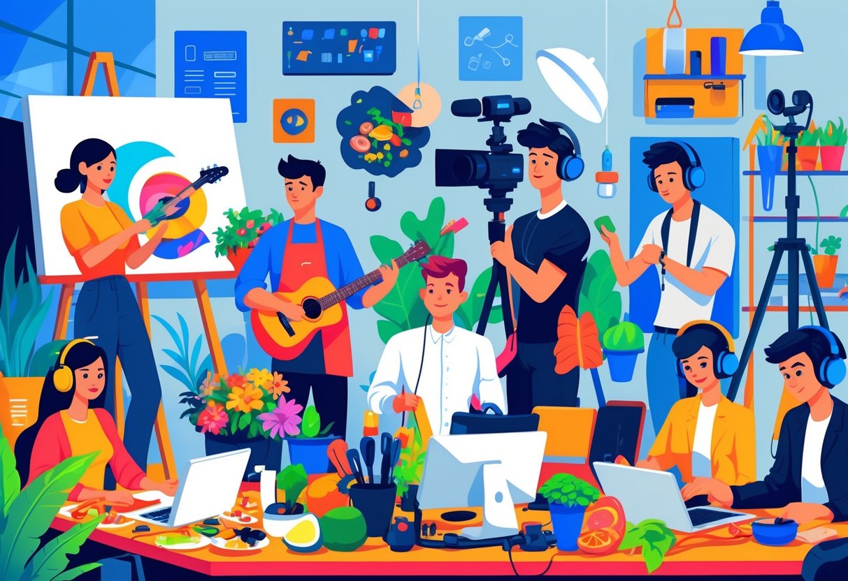A group of people engaged in various hobbies like painting, playing guitar, cooking, filming, gardening, gaming, exercising, and unboxing gadgets in a creative studio.
