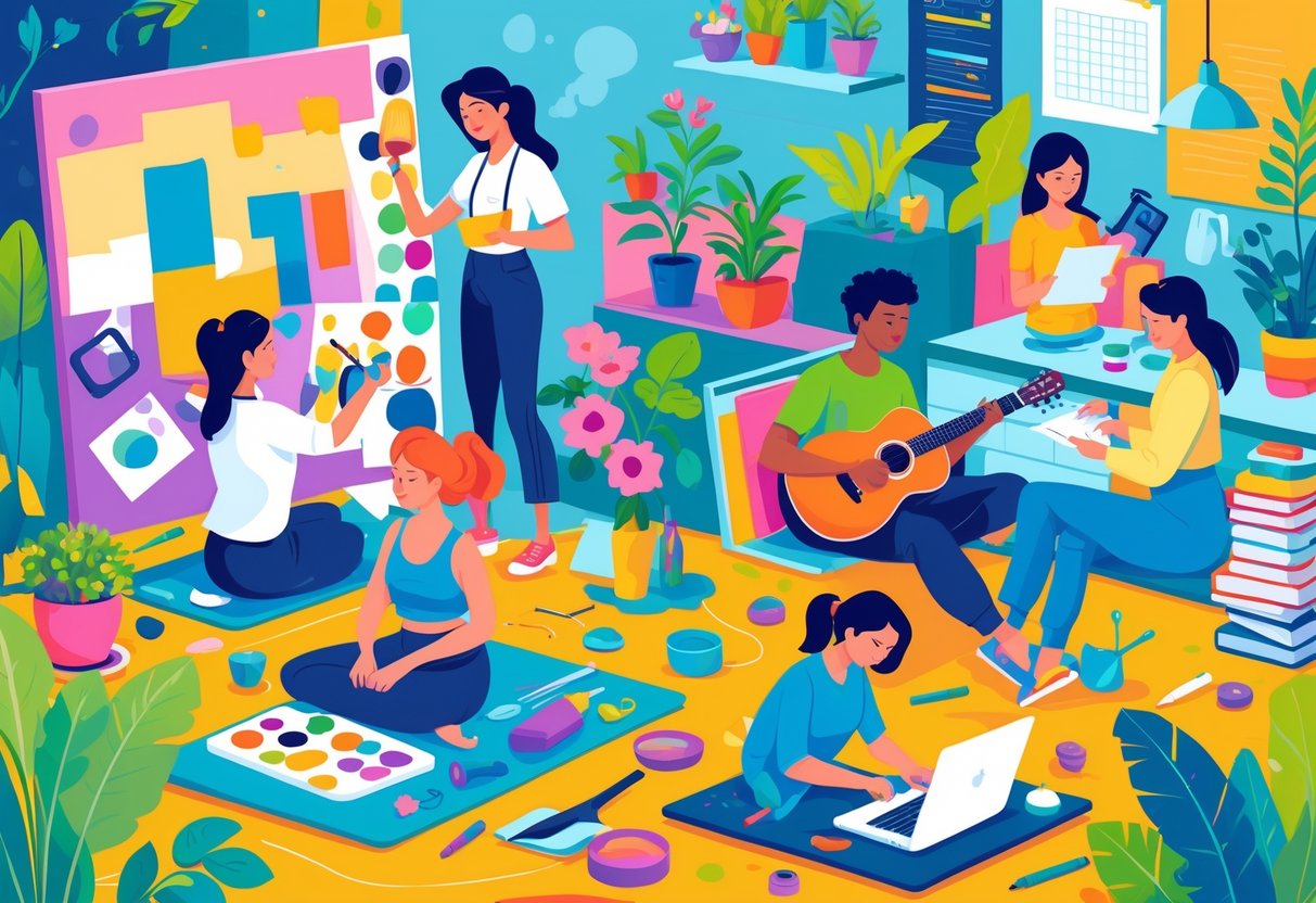 A group of people engaged in various hobbies including painting, cooking, gardening, photography, playing guitar, traveling, yoga, coding, reading, and crafting.