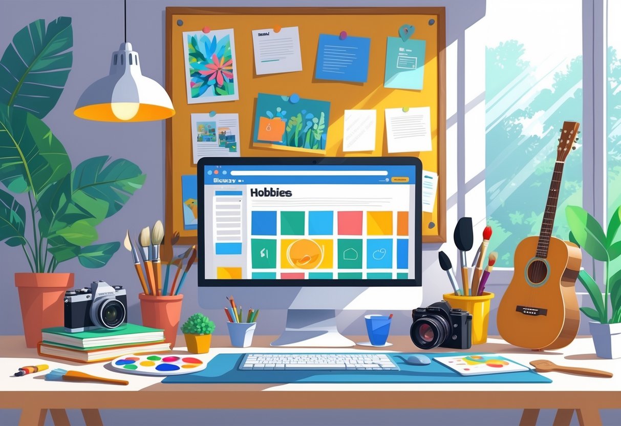 A workspace with a laptop and various hobby items like a camera, paintbrushes, gardening tools, a whisk, and a guitar arranged around it.