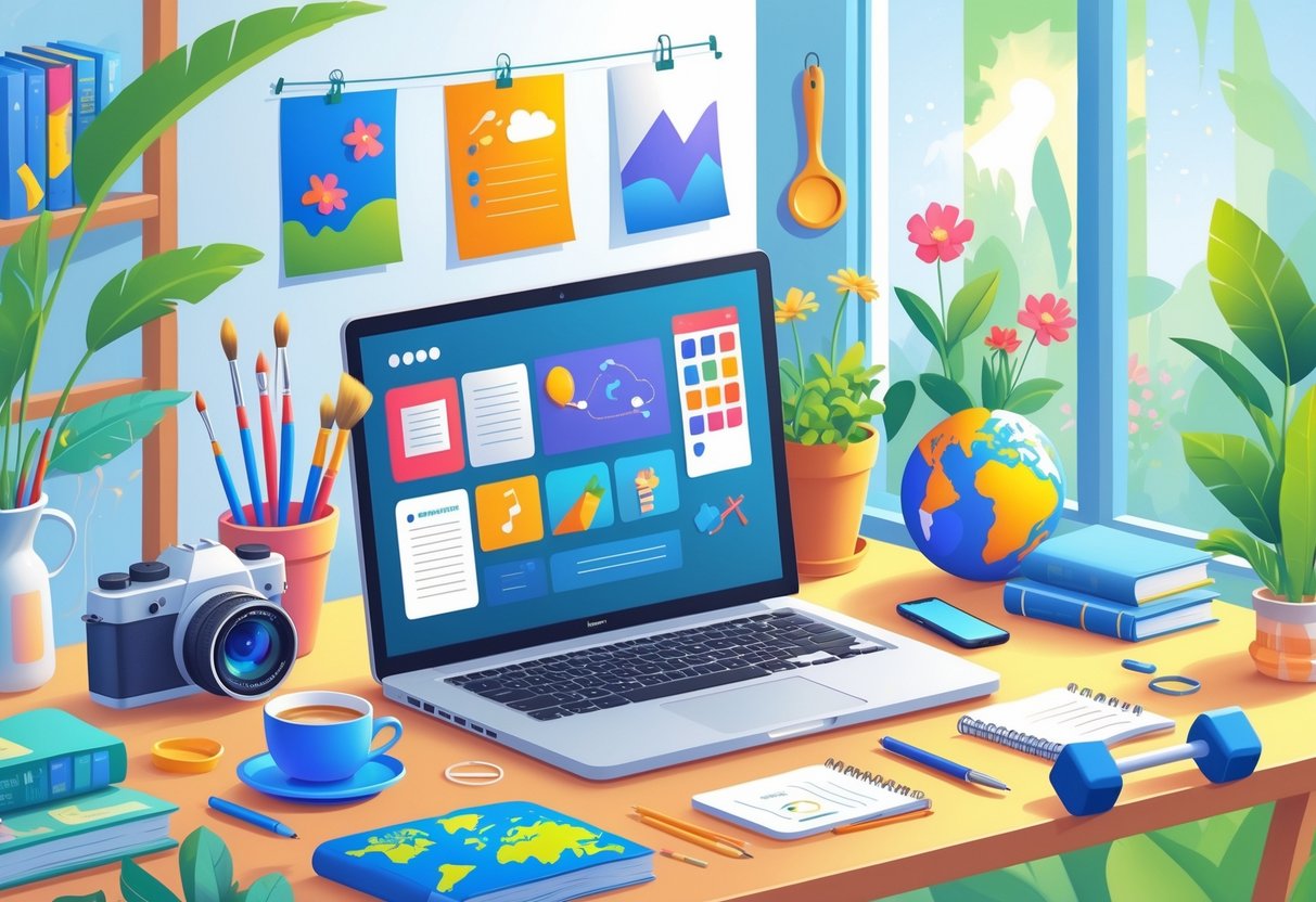 A creative workspace with a laptop surrounded by items representing hobbies like photography, painting, reading, cooking, gardening, music, knitting, travel, fitness, and gaming.