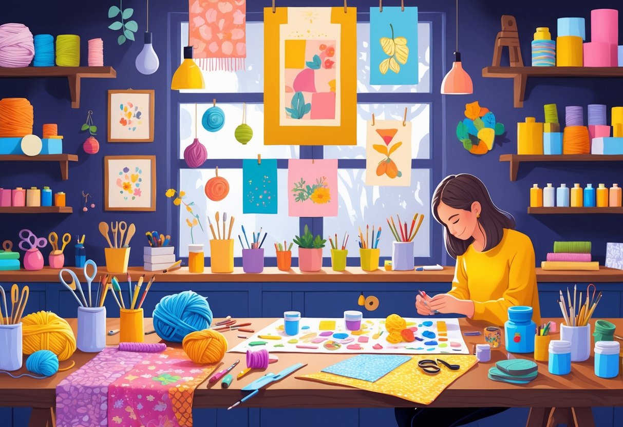 A cozy creative workspace with various crafting materials and a person working on a handmade project surrounded by shelves of supplies.