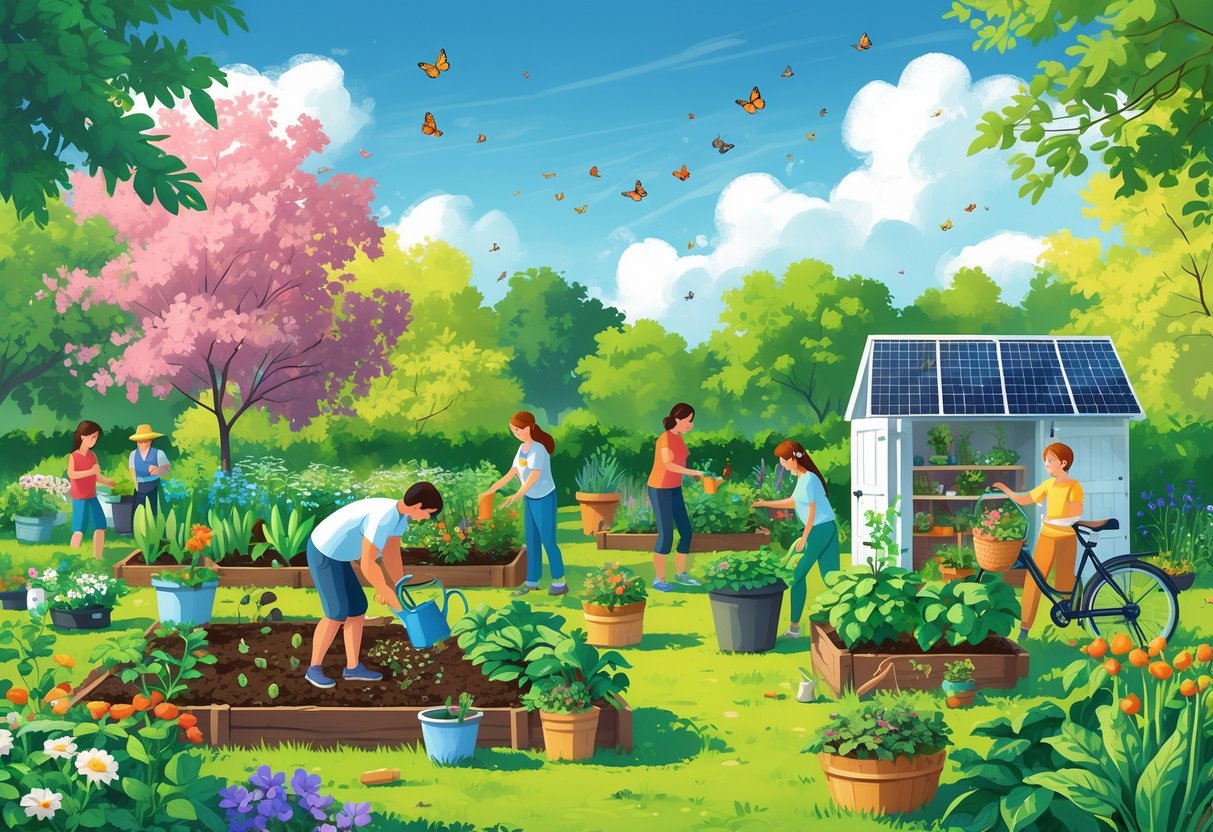 People gardening together in a community garden with plants, vegetables, compost bin, and eco-friendly tools under a clear sky.