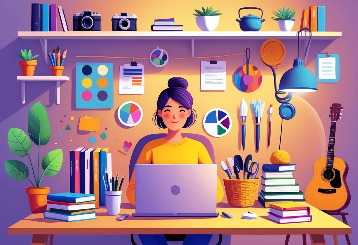 A person working on a laptop at a desk surrounded by various hobby items like a camera, paintbrushes, yarn, plants, books, cooking utensils, a guitar, and a bicycle helmet in a cozy home office.