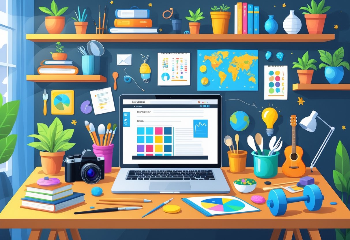 A workspace with a laptop surrounded by items representing different hobbies like painting, photography, cooking, music, gardening, knitting, reading, travel, and fitness.
