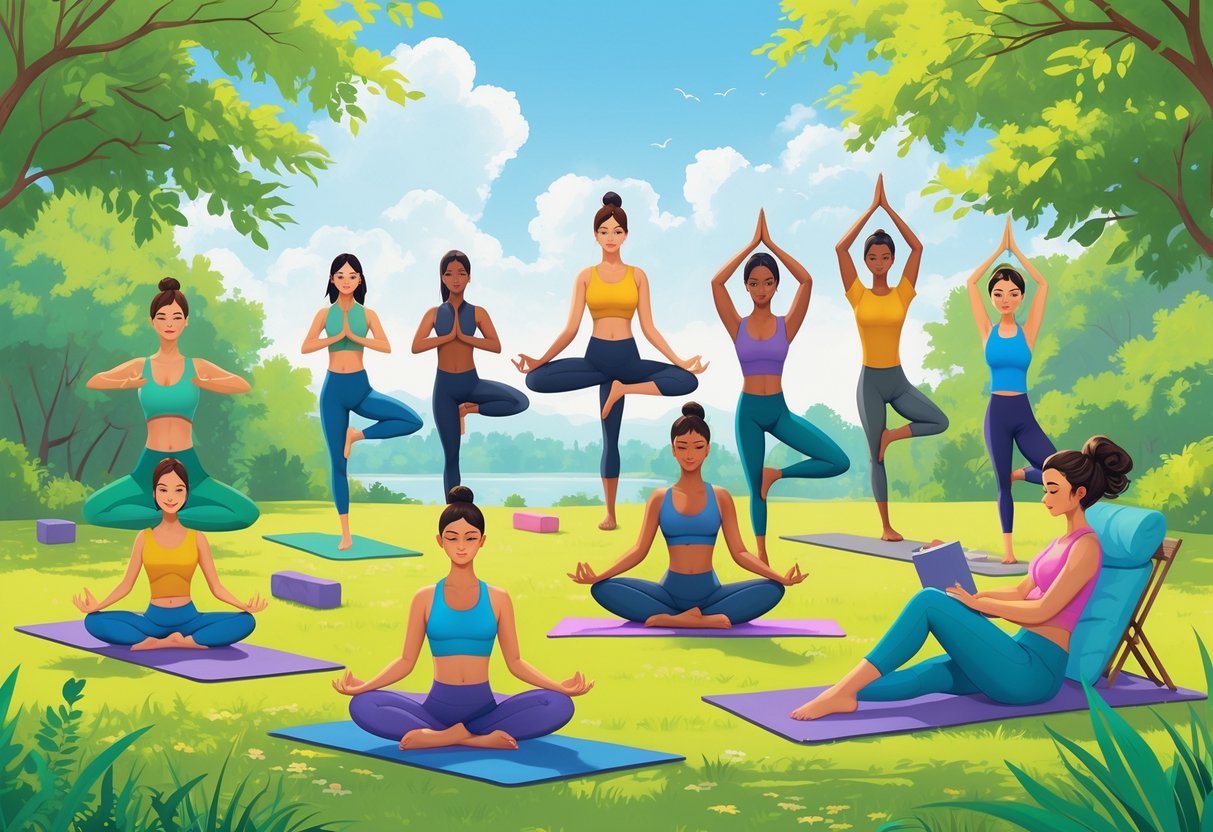 Ten people practicing different yoga activities outdoors in a park, including poses, meditation, aerial yoga, and stretching, with greenery and a pond in the background.