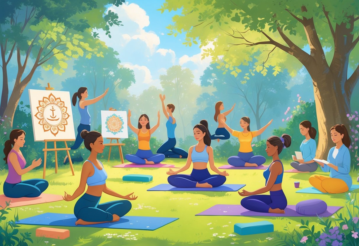 A peaceful outdoor scene showing people of different ages practicing yoga poses, meditating, painting, knitting, and journaling surrounded by trees and greenery.