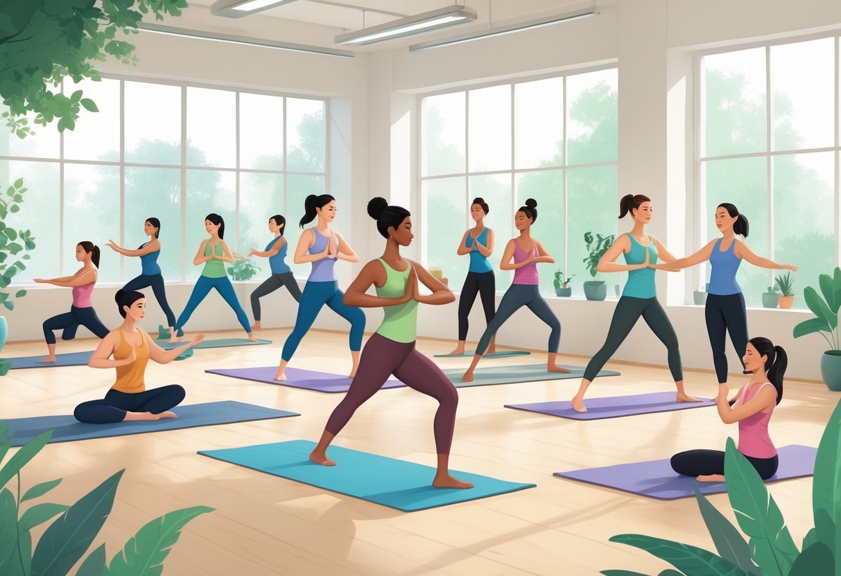 A group of diverse people practicing various yoga and movement exercises together in a bright studio.