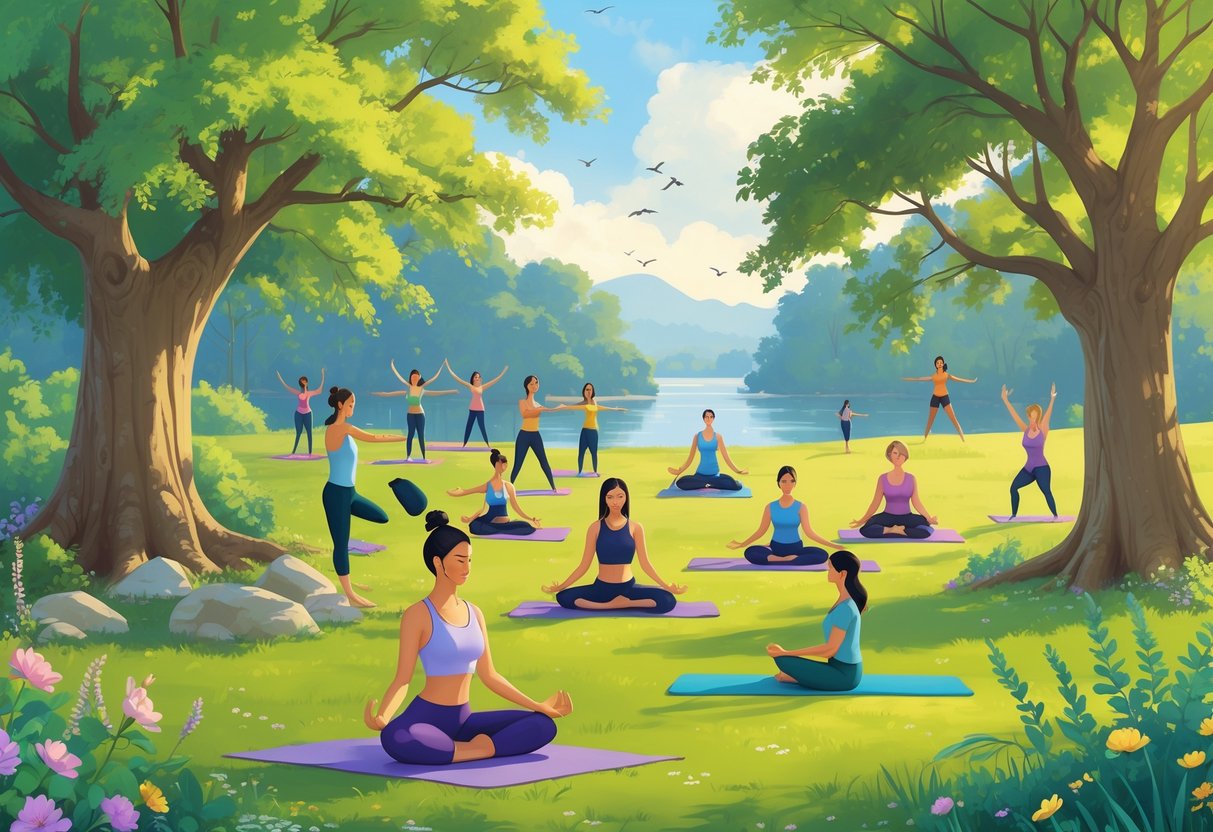 A peaceful outdoor park scene with people practicing different yoga activities like tree pose, meditation, partner yoga, stretching, journaling, hiking with a yoga mat, and paddleboarding on a lake.