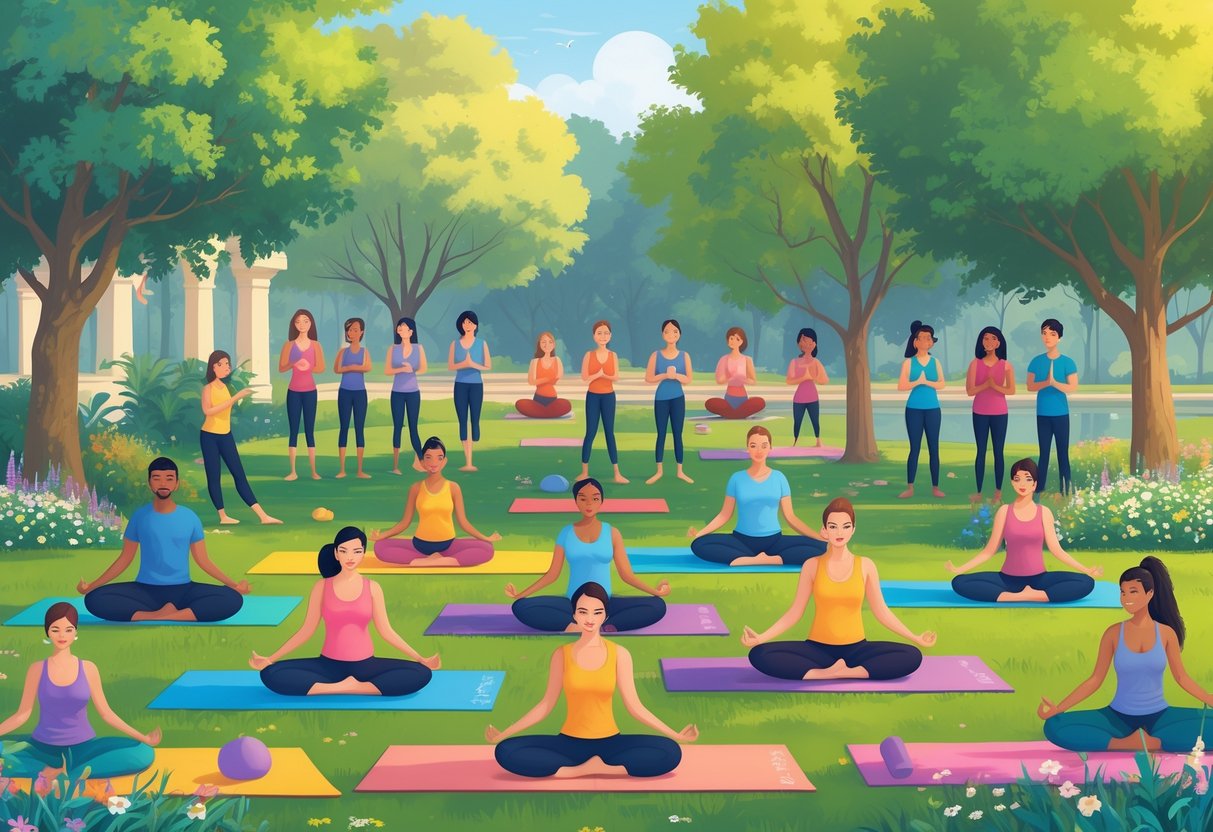A diverse group of people practicing various yoga poses and socializing together in a peaceful park setting.