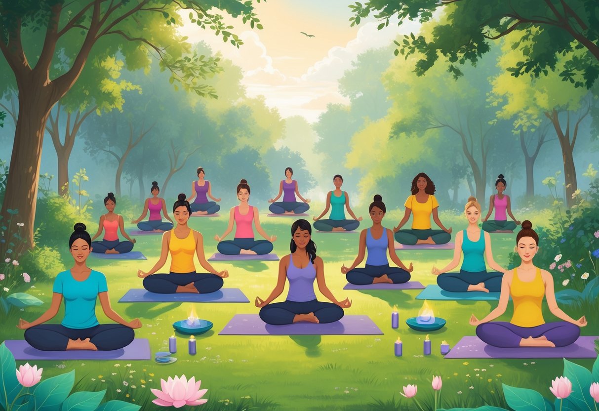 A diverse group of people practicing various yoga poses and related activities outdoors in a peaceful park setting.