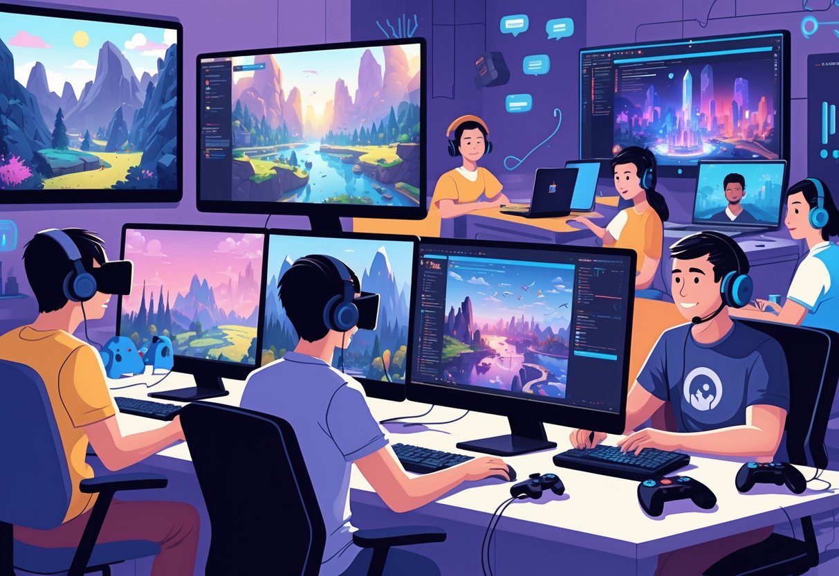 A group of people using computers to play games, explore virtual worlds, stream gameplay, and create digital content in a modern room.