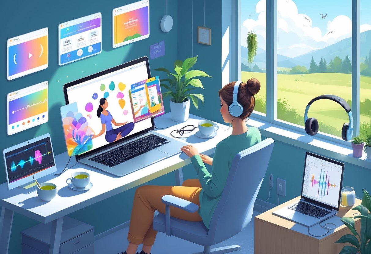 A person sitting at a desk using a laptop surrounded by digital tools for mindfulness, yoga, digital art, and music production in a calm, well-lit room with a plant and a window showing nature.