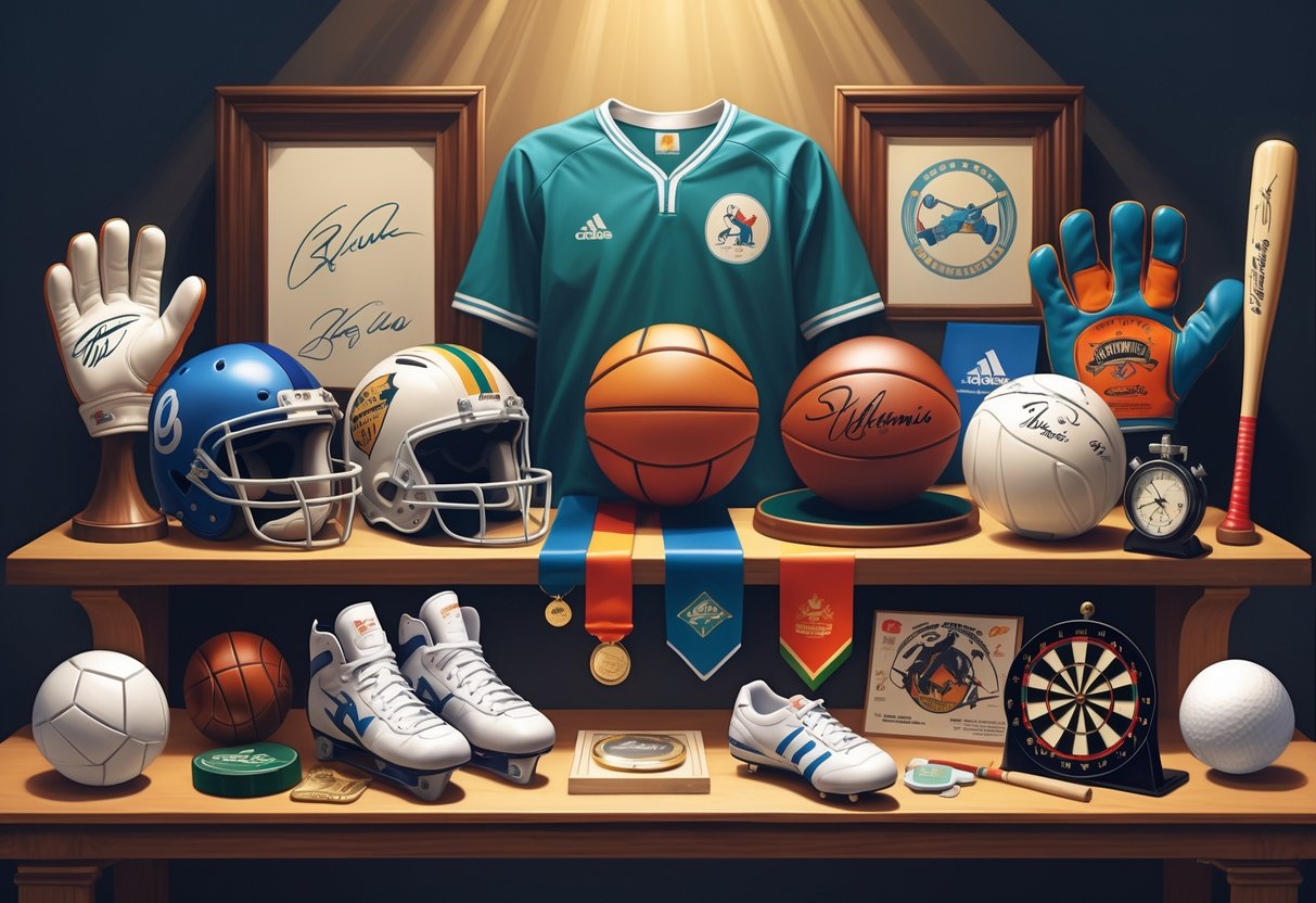 A collection of 20 different sports memorabilia items displayed on shelves and a table, including gloves, helmets, balls, rackets, shoes, medals, and other equipment from various sports.