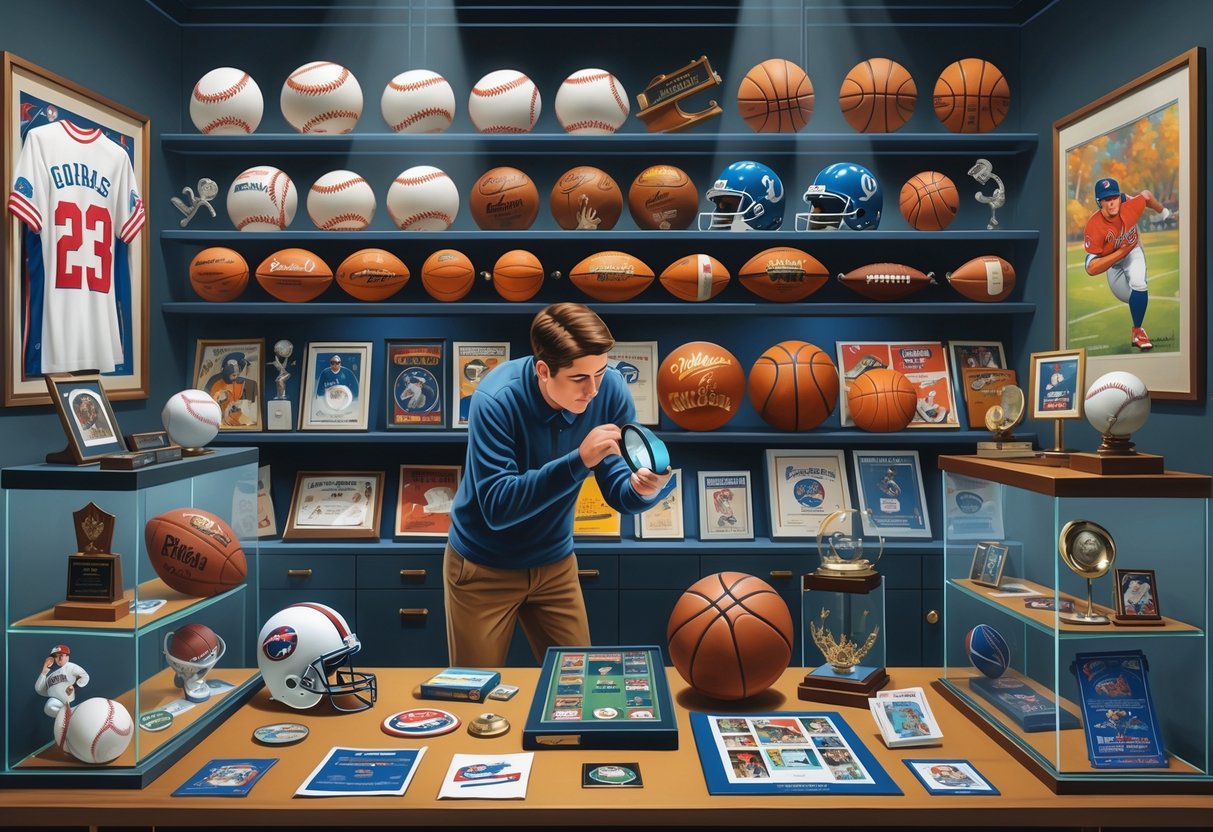 A room filled with shelves displaying various sports memorabilia including signed balls, helmets, jerseys, trading cards, and trophies, with a person examining an item closely.