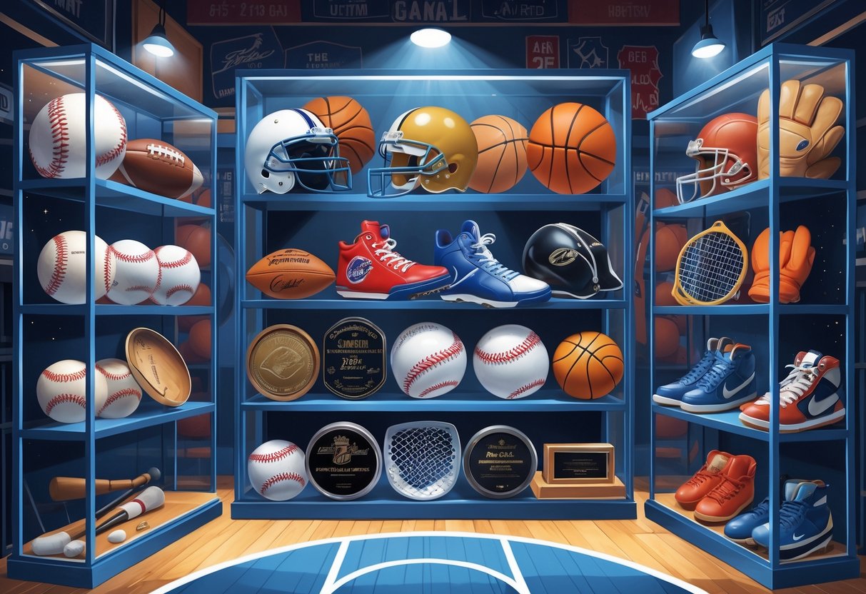 A collection of various sports memorabilia including baseballs, helmets, jerseys, pucks, rackets, and gloves displayed on shelves and in glass cases with subtle sports arenas in the background.