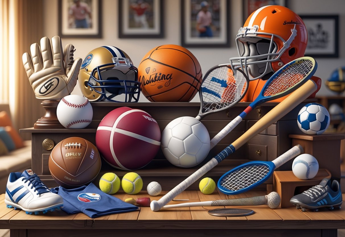 A display table filled with various sports memorabilia items from 20 different sports, including balls, equipment, and gear, arranged in a sports-themed room with trophies and photos on the walls.