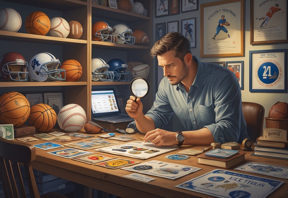 A person examining rare sports memorabilia in a room filled with shelves and display cases holding various collectible items like signed helmets, trading cards, and vintage sports equipment.