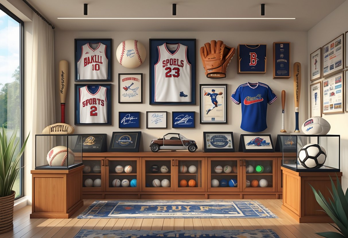 A neatly arranged collection of various sports memorabilia including signed balls, framed jerseys, trophies, and equipment displayed in a well-lit room.