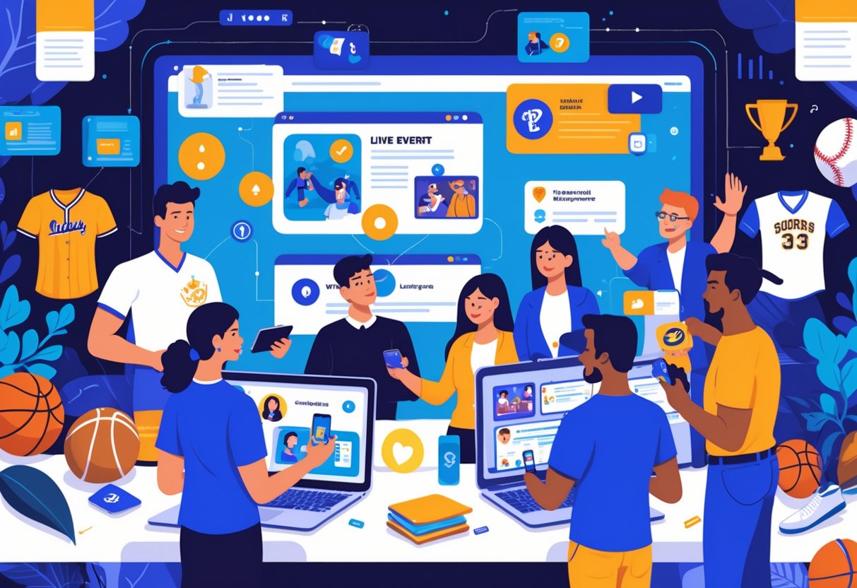 People using digital devices to participate in an online sports memorabilia community with various collectible items displayed around them.