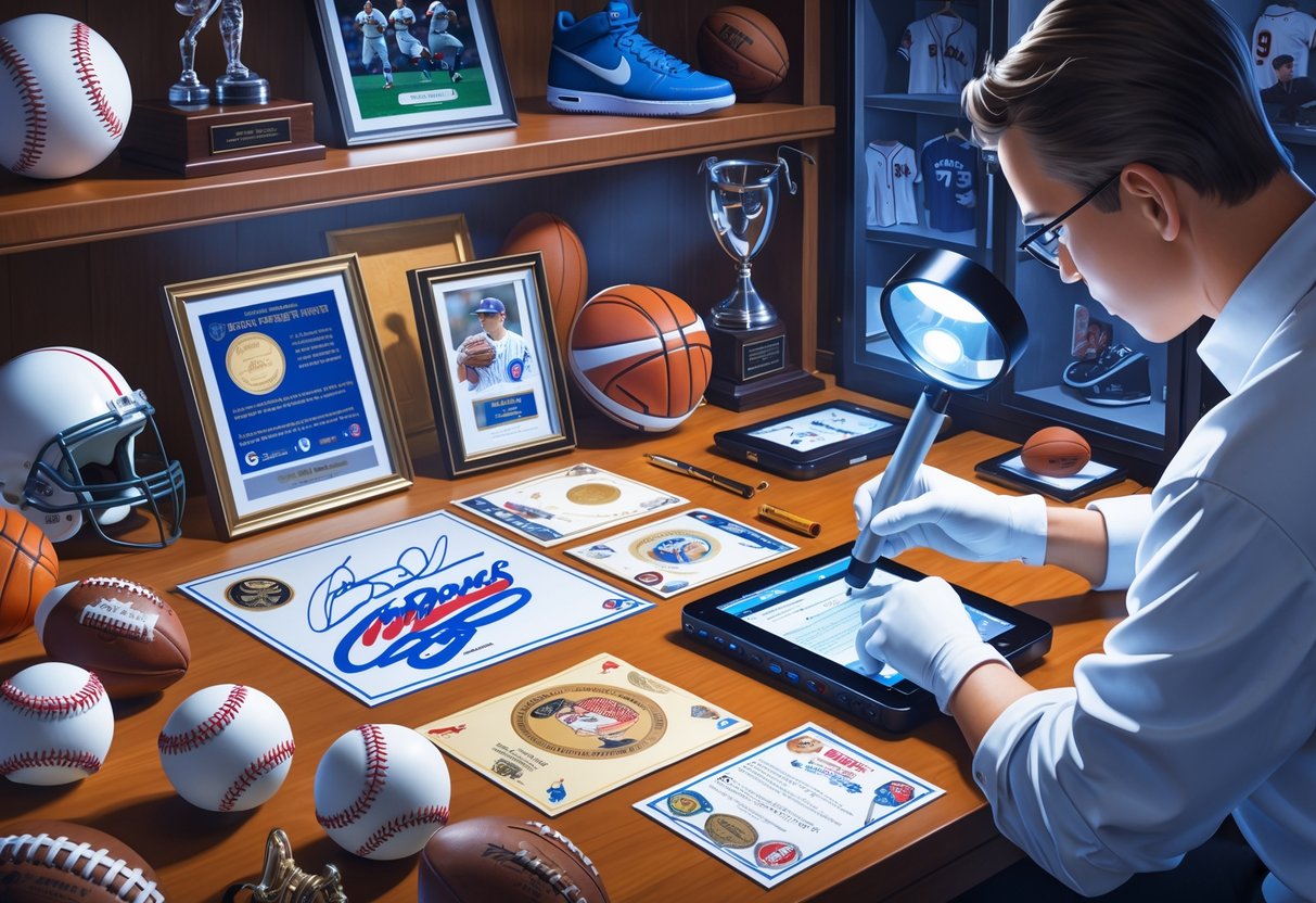 A person wearing white gloves examines sports memorabilia including signed baseballs, helmets, and trading cards on a table with verification tools and display cases in the background.