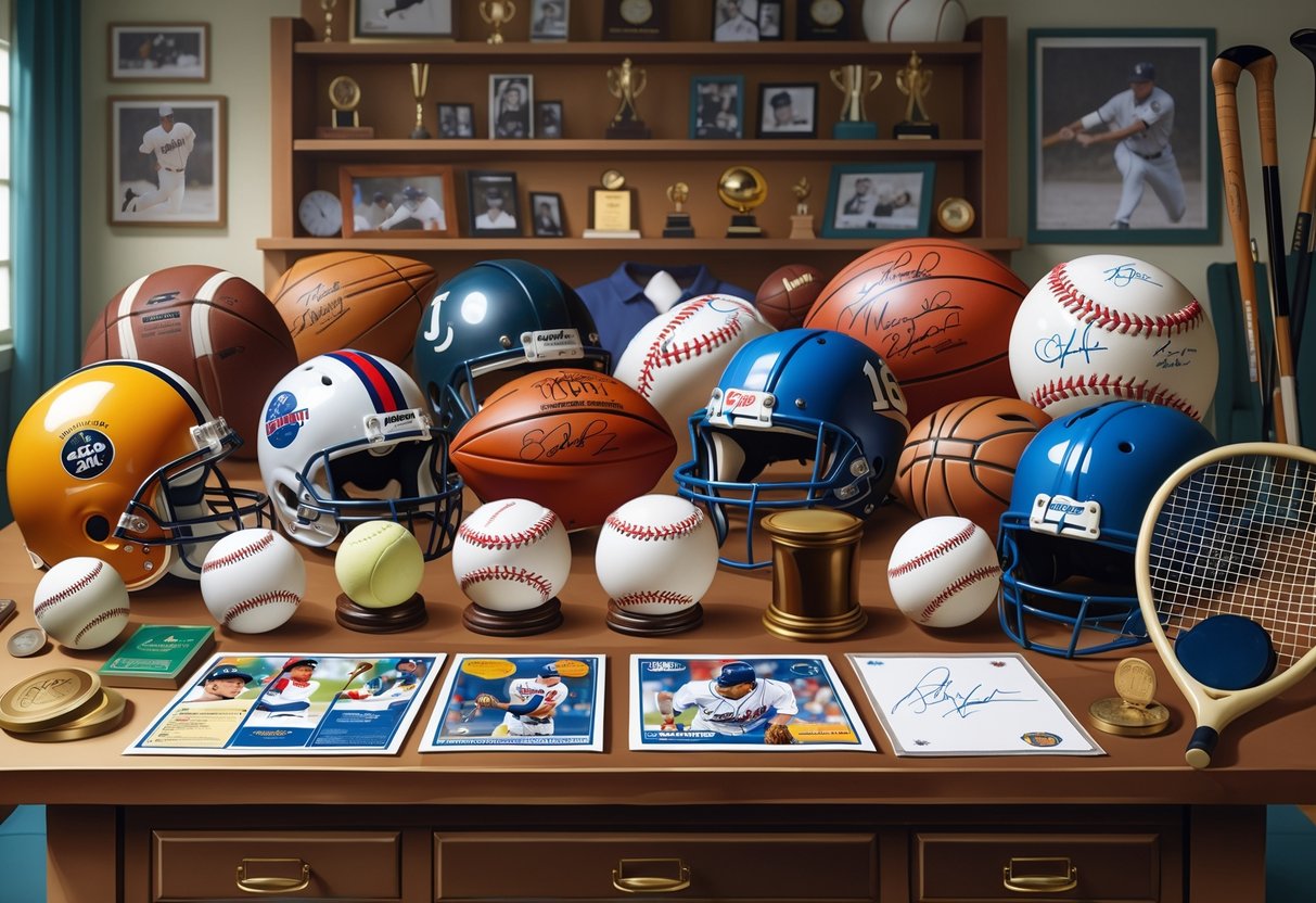 A display of various sports memorabilia items including signed balls, helmets, jerseys, trading cards, and trophies arranged on a table in a sports-themed room.
