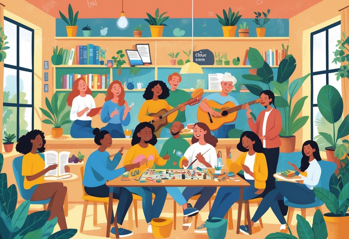A group of diverse people enjoying different hobbies together in a bright community space, including reading, playing board games, crafting, making music, and cooking.
