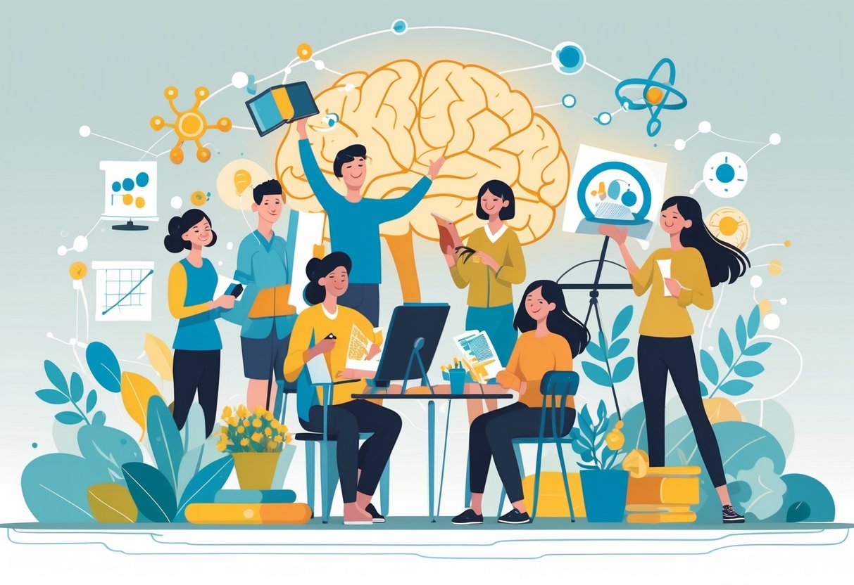 A group of diverse people happily engaged in different hobbies like painting, playing music, gardening, reading, and cycling, surrounded by subtle representations of brain activity and scientific symbols.