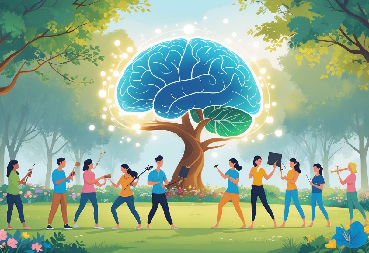 A group of people enjoying different hobbies like painting, playing music, gardening, reading, and yoga in a bright park with a large tree shaped like a brain in the background.