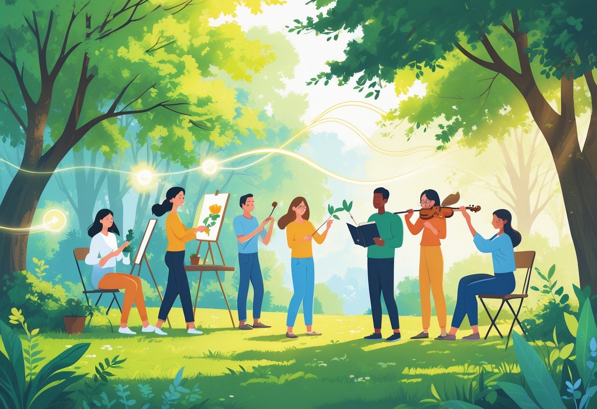 People enjoying different hobbies like painting, gardening, playing music, and reading together in a sunny park surrounded by trees and greenery.