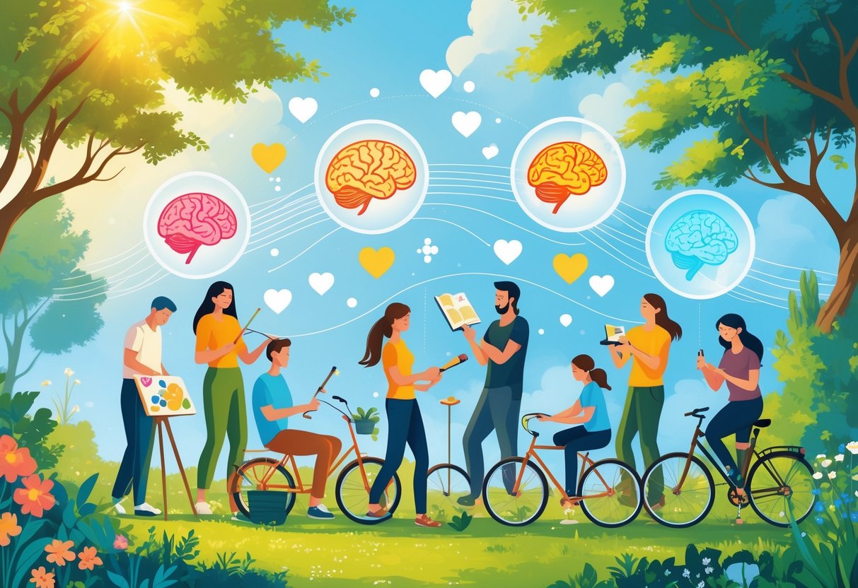 People enjoying different hobbies outdoors with visual elements showing positive effects on the brain and body.