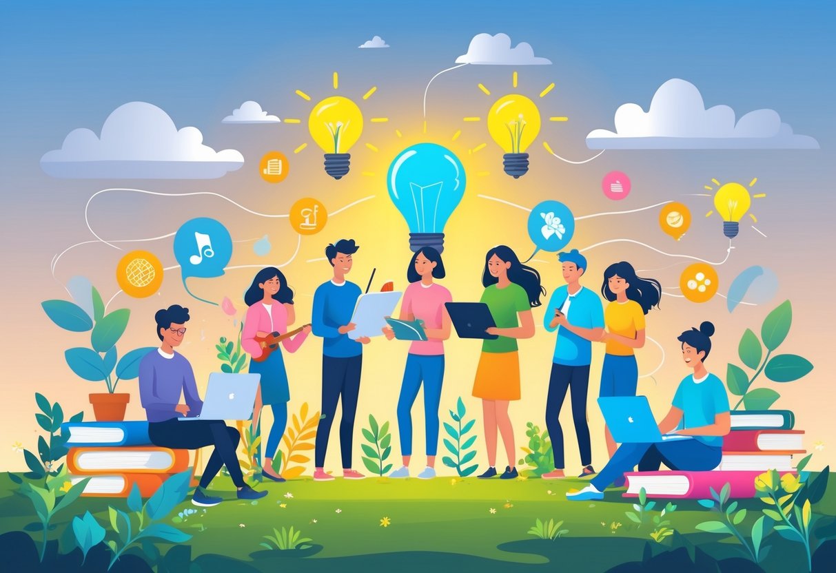 A diverse group of people engaged in various hobbies like painting, playing music, gardening, reading, and coding, surrounded by glowing books and plants symbolizing growth and learning.