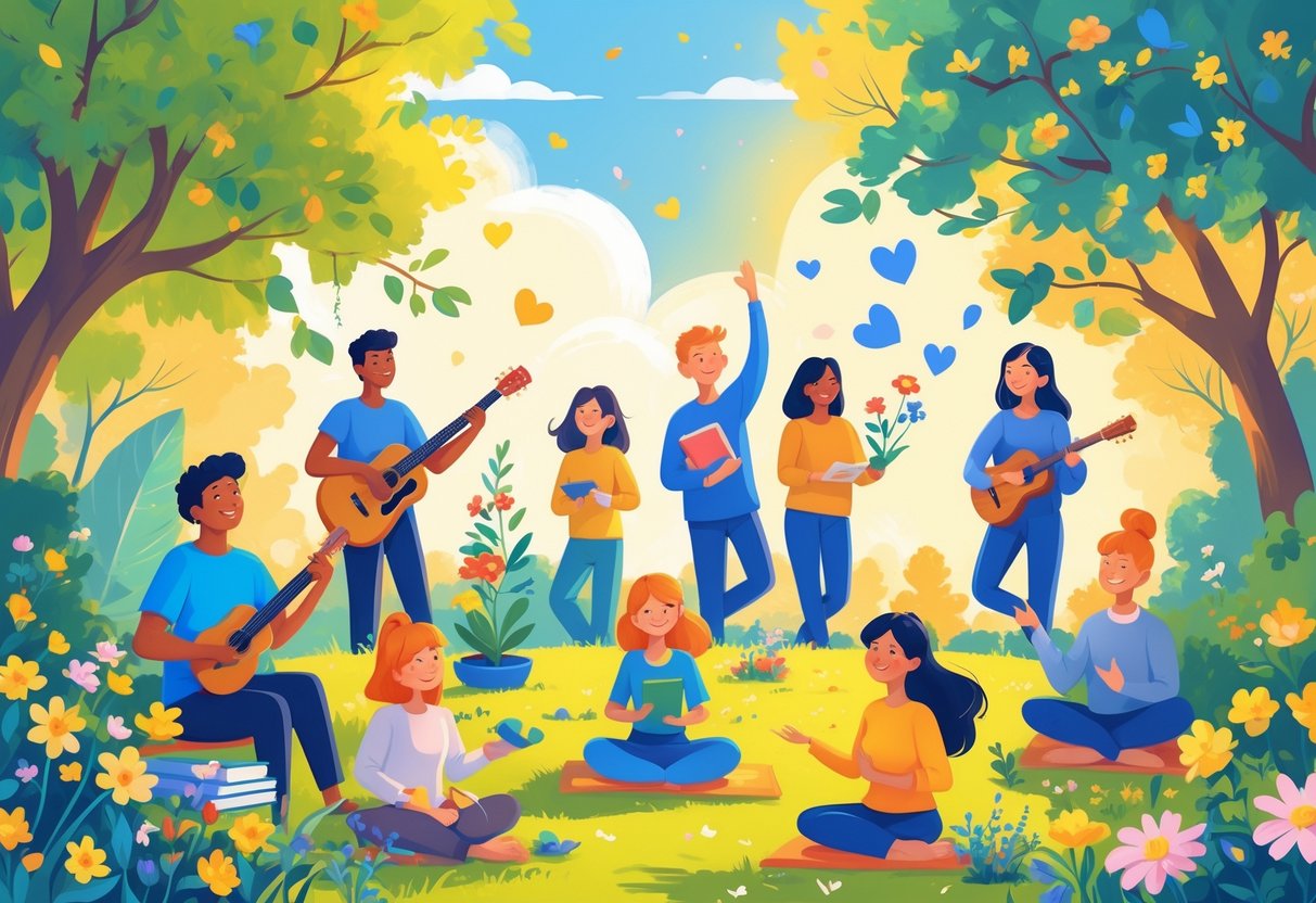A group of people happily engaged in different hobbies like painting, playing music, gardening, reading, and practicing yoga outdoors surrounded by trees and flowers.