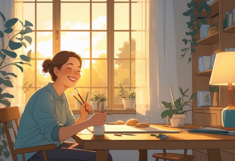 A person happily working on their hobby at a table with warm sunlight coming through a window, surrounded by hobby materials in a cozy room.