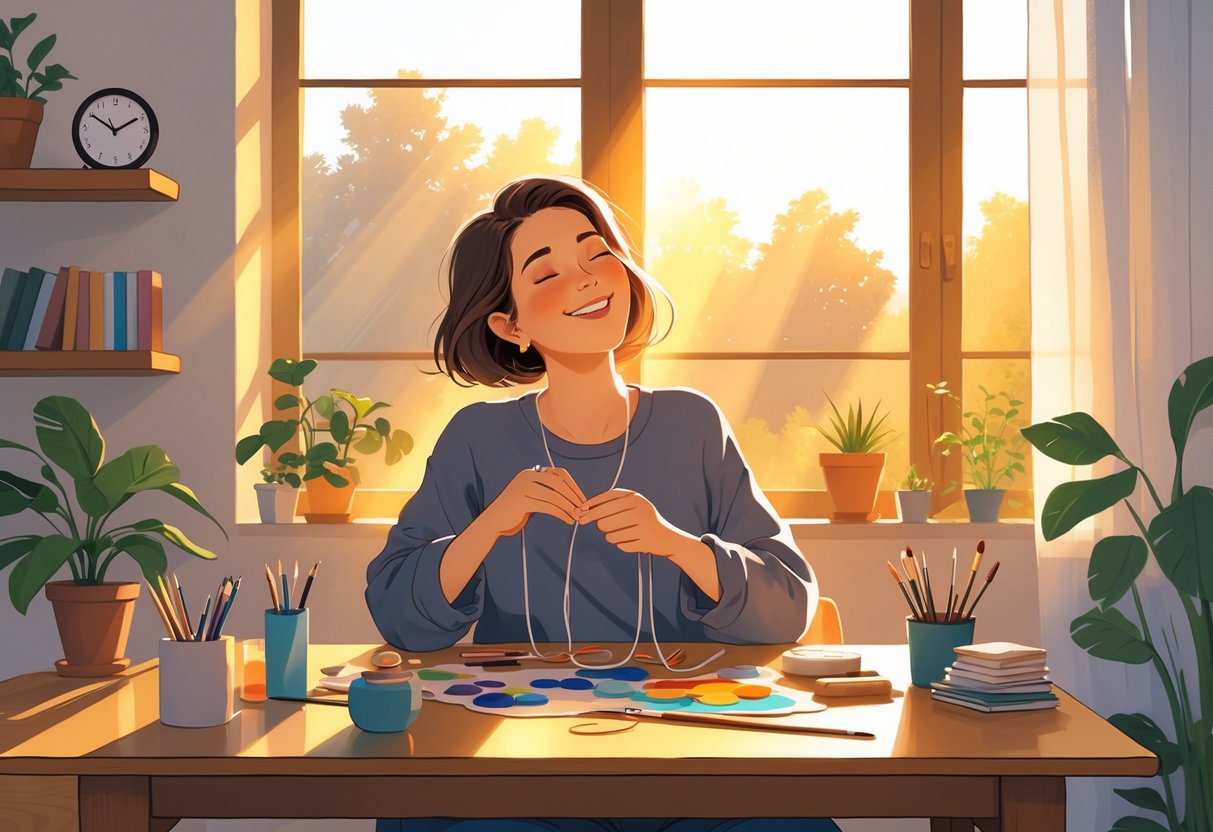 A person happily working on their hobby by a sunlit window in a cozy room during early morning or late afternoon.
