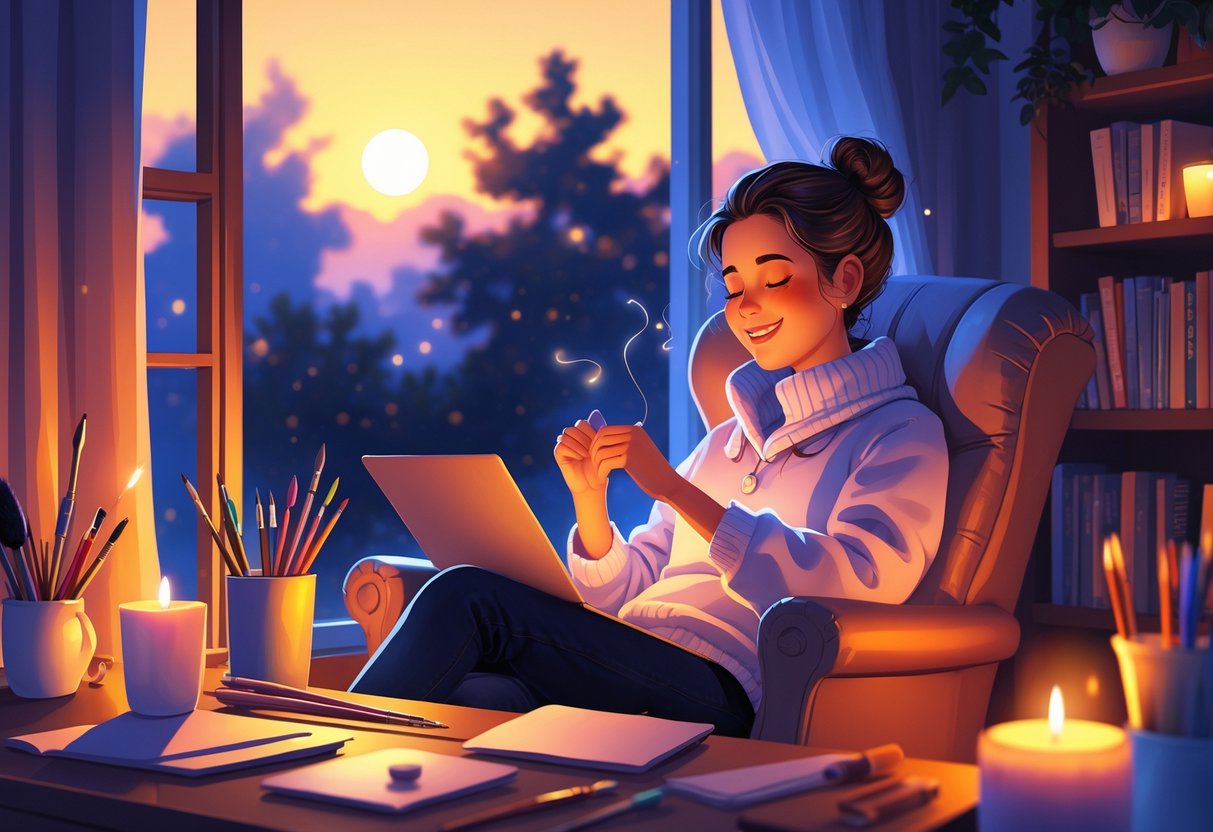 A person relaxing in a cozy room during evening, happily working on their hobby with warm light coming through a window.
