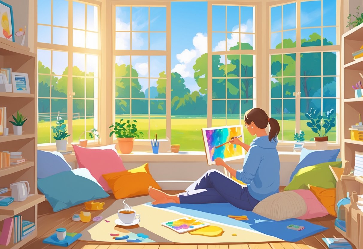 A person enjoying their hobby in a bright, cozy room with sunlight streaming through large windows and a peaceful garden outside.