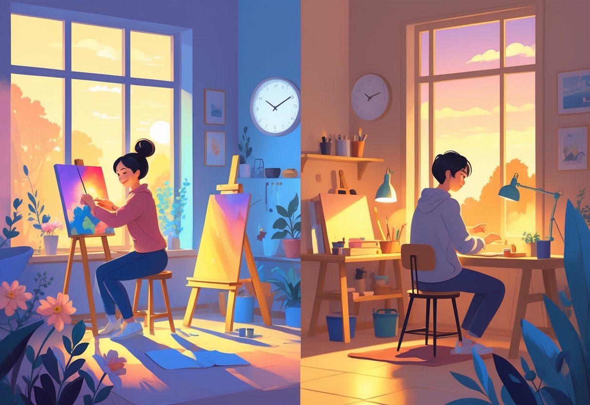 Three people enjoying different hobbies in a room lit by morning, midday, and evening light, showing painting, woodworking, and playing music.