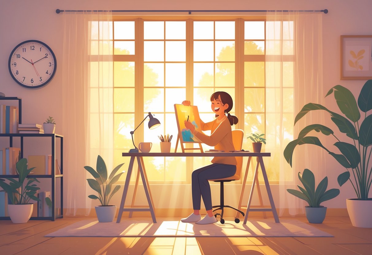 A person happily working on their hobby at a sunlit desk near a window during the morning.