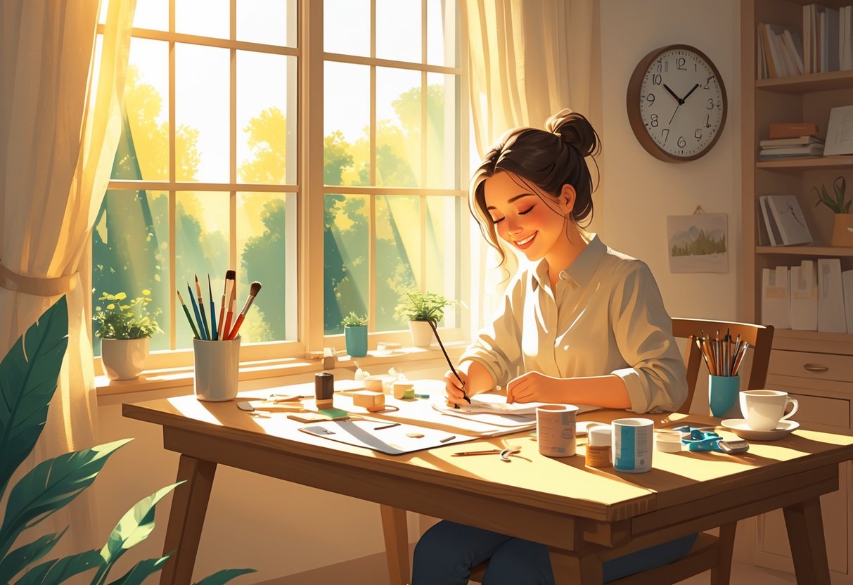 A person happily working on their hobby at a desk in a sunlit room during the morning.