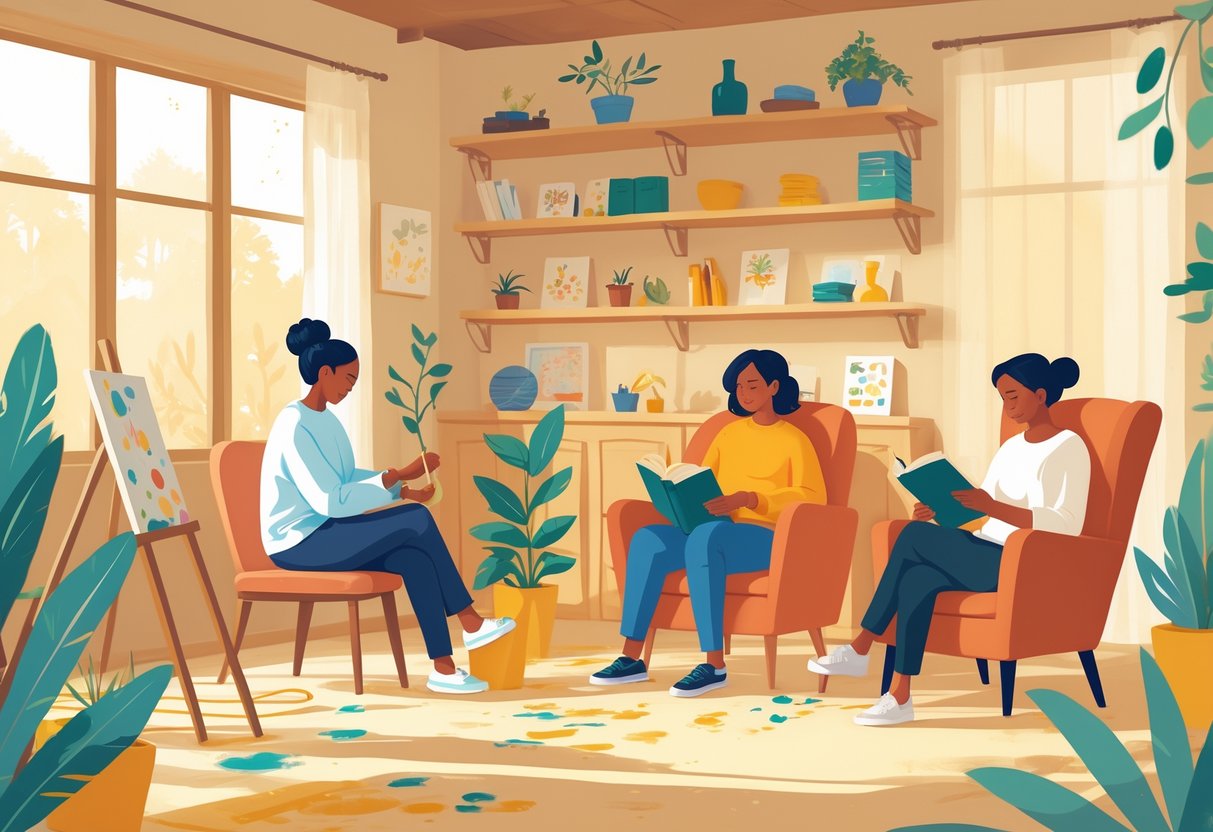 A group of people peacefully enjoying hobbies like painting, reading, and gardening in a cozy, sunlit room filled with hobby supplies.