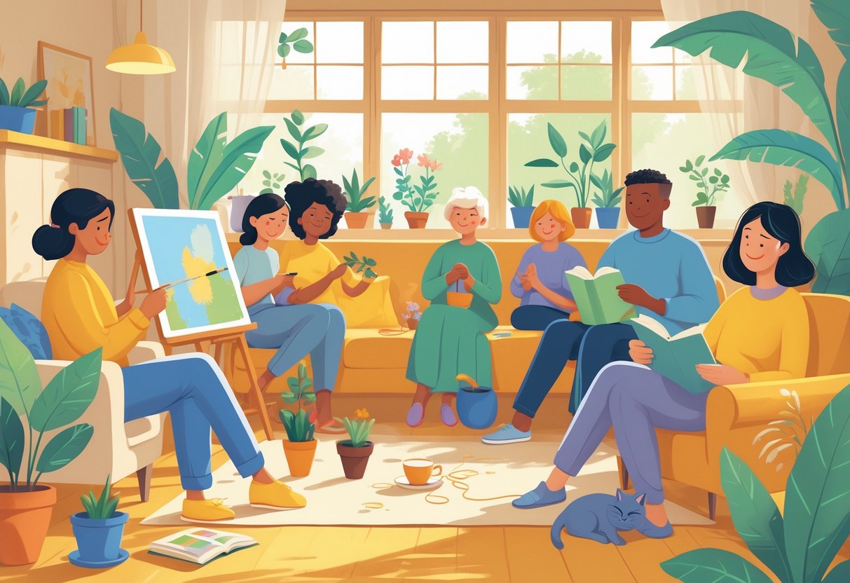 A group of people engaged in relaxing hobbies like painting, gardening, knitting, and reading in a cozy, sunlit room filled with plants and comfortable furniture.