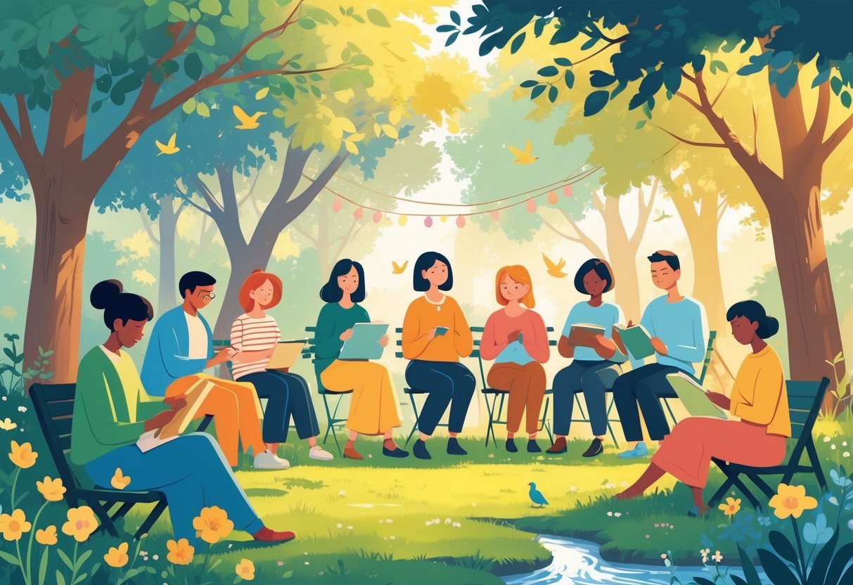 People of different ages enjoying peaceful hobbies like painting, gardening, knitting, and reading together in a sunny park surrounded by trees and flowers.