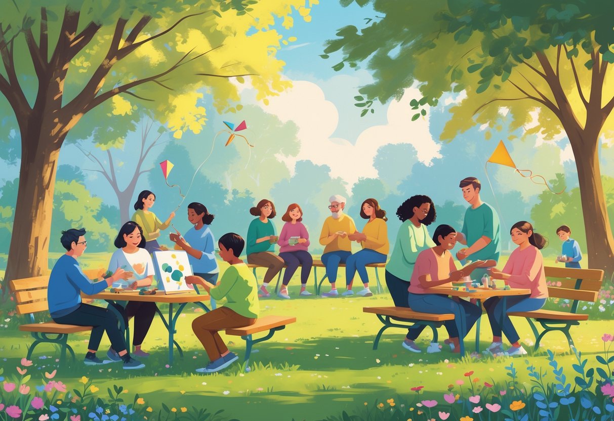 A group of people enjoying various low-pressure hobbies together outdoors in a park, including painting, gardening, knitting, and playing board games, showing social connection and community.