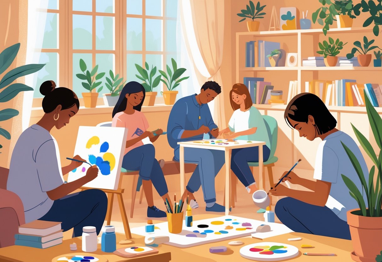 A cozy room where people are enjoying low stakes hobbies like painting, model building, and caring for plants.