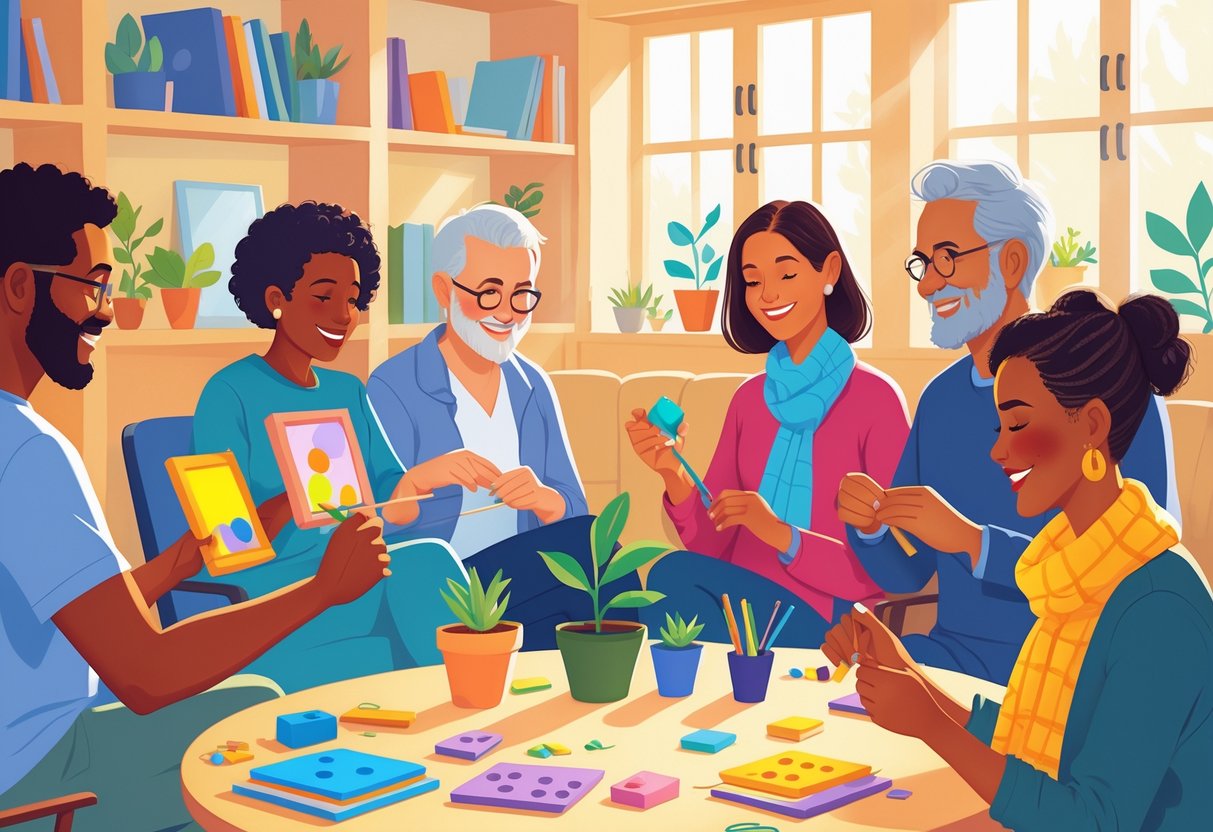 A group of adults enjoying different hobbies like painting, gardening, and knitting together in a cozy community space.