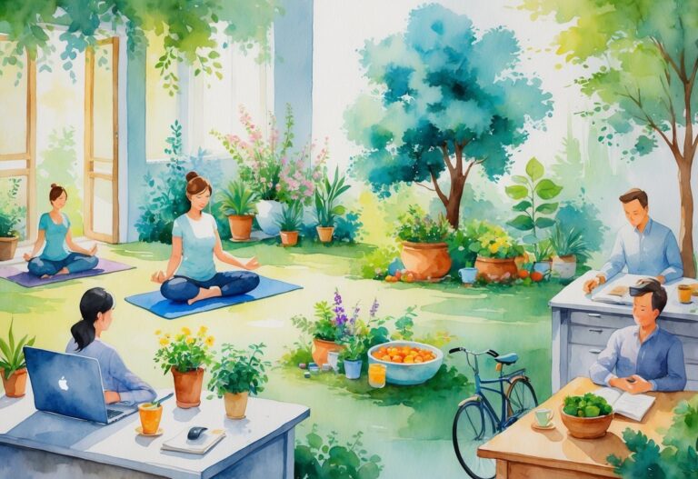 A peaceful scene showing people engaging in various relaxing activities like yoga, gardening, reading, painting, playing music, meditating, cooking, cycling, journaling, and playing board games.