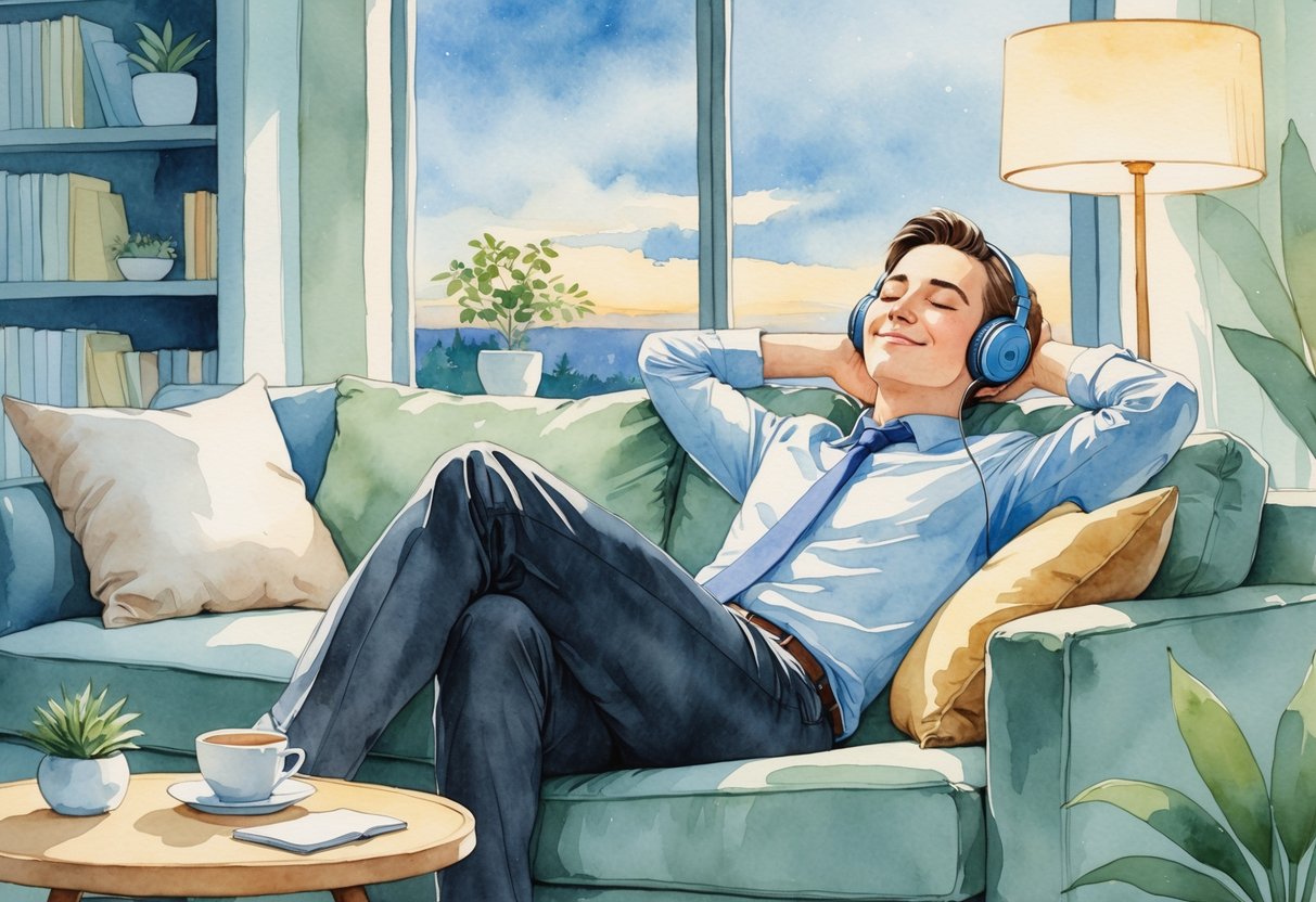 A person sitting comfortably in a living room wearing headphones and smiling with closed eyes, surrounded by calming objects like a cup of tea and plants.