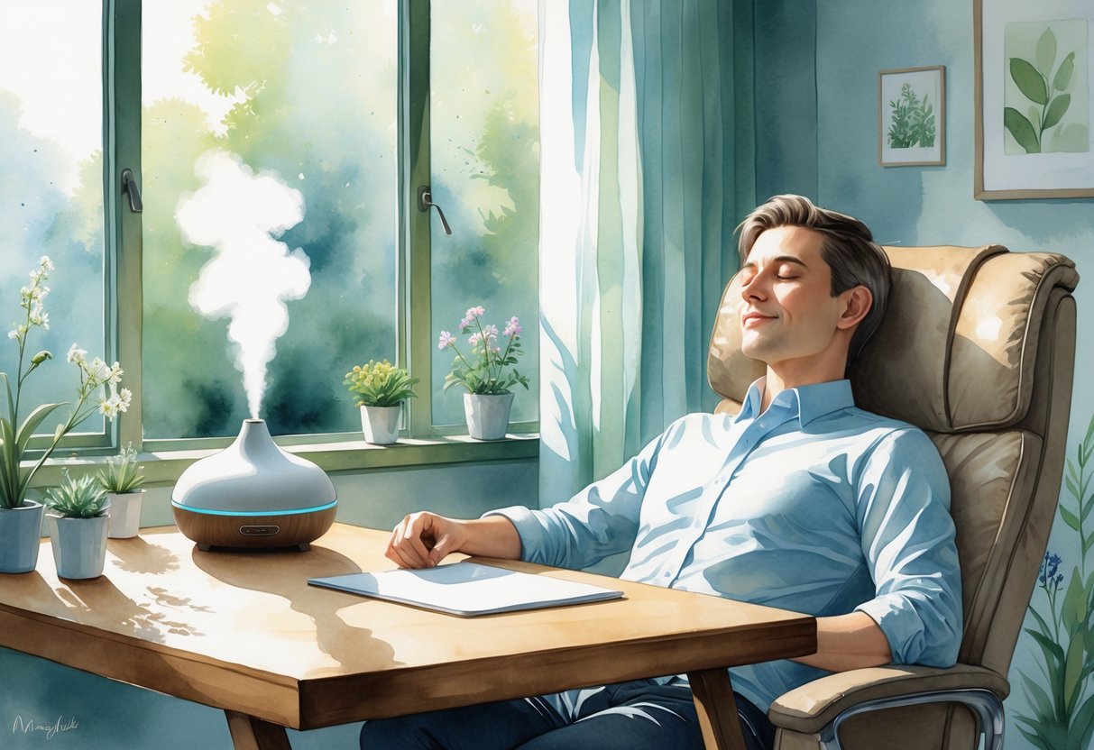A person sitting peacefully at a desk with an aromatherapy diffuser releasing mist, surrounded by plants and soft natural light.